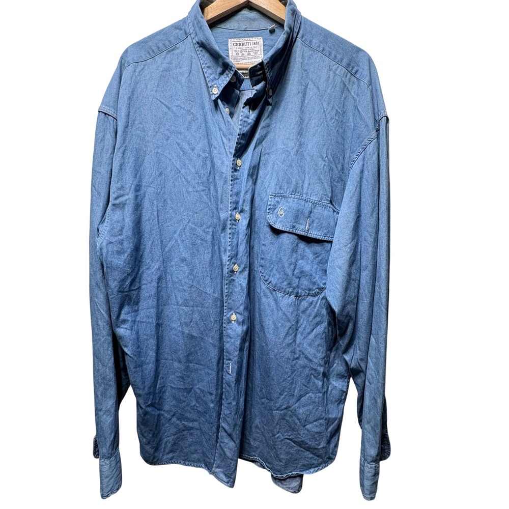 Cerruti 1881 Button Down Shirt Mens Blue 100% Cotton Made in Italy Denim Style